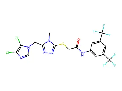 N1-[3,5-di(trifluoromethyl)phenyl]-2-({5-[(4,5-dichloro-1H-imidazol-1-yl)methyl]-4-methyl-4H-1,2,4-triazol-3-yl}thio)acetamide structure