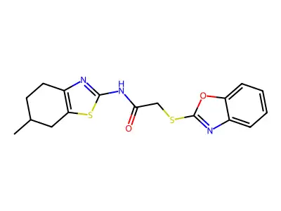 2-(1,3-benzoxazol-2-ylsulfanyl)-N-(6-methyl-4,5,6,7-tetrahydro-1,3-benzothiazol-2-yl)acetamide structure