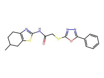 N-(6-methyl-4,5,6,7-tetrahydro-1,3-benzothiazol-2-yl)-2-[(5-phenyl-1,3,4-oxadiazol-2-yl)sulfanyl]acetamide structure
