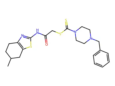 2-[(6-methyl-4,5,6,7-tetrahydro-1,3-benzothiazol-2-yl)amino]-2-oxoethyl 4-benzylpiperazine-1-carbodithioate structure