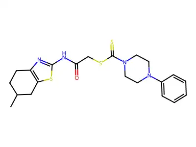 2-[(6-methyl-4,5,6,7-tetrahydro-1,3-benzothiazol-2-yl)amino]-2-oxoethyl 4-phenylpiperazine-1-carbodithioate structure