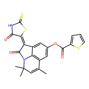(1Z)-4,4,6-trimethyl-2-oxo-1-(4-oxo-2-thioxo-1,3-thiazolidin-5-ylidene)-1,2-dihydro-4H-pyrrolo[3,2,1-ij]quinolin-8-yl thiophene-2-carboxylate structure