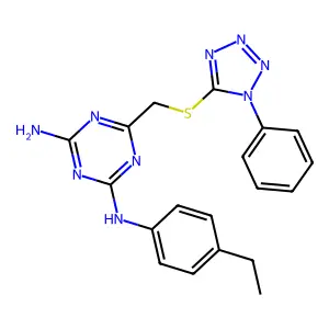 N-(4-ethylphenyl)-6-{[(1-phenyl-1H-tetrazol-5-yl)thio]methyl}-1,3,5-triazine-2,4-diamine structure