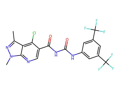 N-[(4-chloro-1,3-dimethyl-1H-pyrazolo[3,4-b]pyridin-5-yl)carbonyl]-N'-[3,5-di(trifluoromethyl)phenyl]urea structure