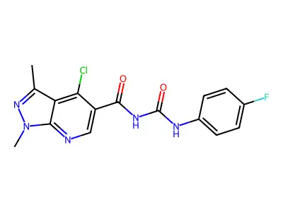 N-[(4-chloro-1,3-dimethyl-1H-pyrazolo[3,4-b]pyridin-5-yl)carbonyl]-N'-(4-fluorophenyl)urea structure