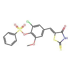 2-chloro-6-methoxy-4-[(4-oxo-2-thioxo-1,3-thiazolidin-5-ylidene)methyl]phenyl benzenesulfonate structure