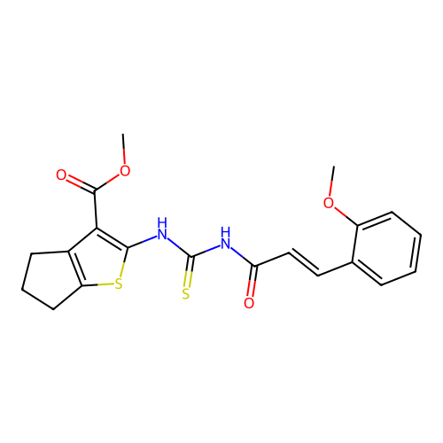 methyl 2-({[(2E)-3-(2-methoxyphenyl)prop-2-enoyl]carbamothioyl}amino)-5,6-dihydro-4H-cyclopenta[b]thiophene-3-carboxylate structure