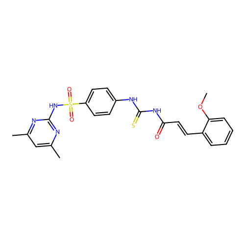 (2E)-N-({4-[(4,6-dimethylpyrimidin-2-yl)sulfamoyl]phenyl}carbamothioyl)-3-(2-methoxyphenyl)prop-2-enamide structure