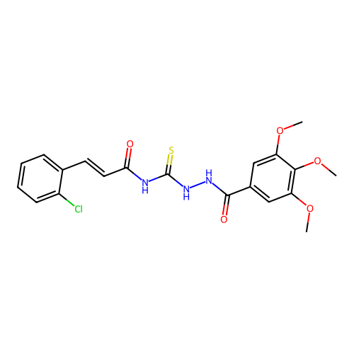 (2E)-3-(2-chlorophenyl)-N-{[2-(3,4,5-trimethoxybenzoyl)hydrazino]carbonothioyl}acrylamide structure