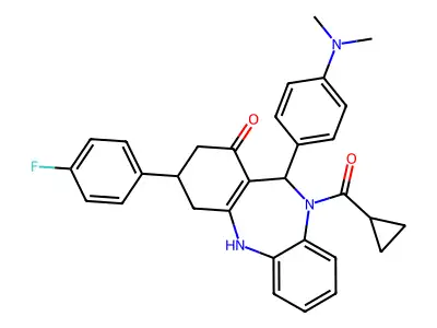 10-(cyclopropylcarbonyl)-11-[4-(dimethylamino)phenyl]-3-(4-fluorophenyl)-2,3,4,5,10,11-hexahydro-1H-dibenzo[b,e][1,4]diazepin-1-one structure