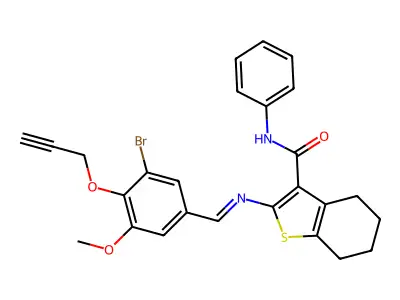 2-[(3-bromo-5-methoxy-4-prop-2-ynoxyphenyl)methylideneamino]-N-phenyl-4,5,6,7-tetrahydro-1-benzothiophene-3-carboxamide structure