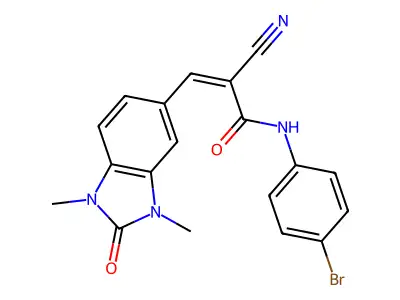 N-(4-bromophenyl)-2-cyano-3-(1,3-dimethyl-2-oxo-benzoimidazol-5-yl)prop-2-enamide structure