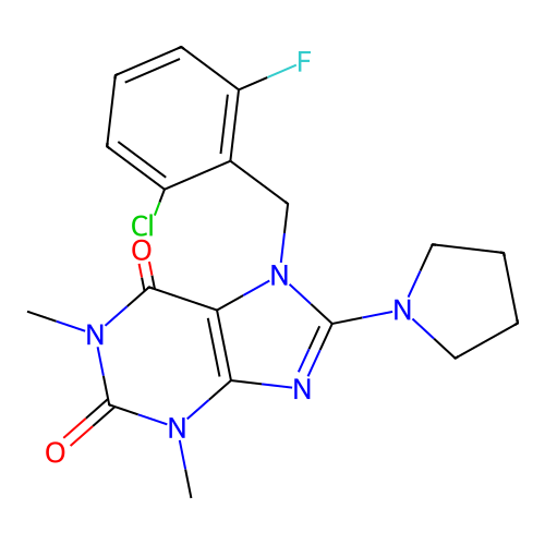 7-(2-chloro-6-fluorobenzyl)-1,3-dimethyl-8-(pyrrolidin-1-yl)-1H-purine-2,6(3H,7H)-dione structure