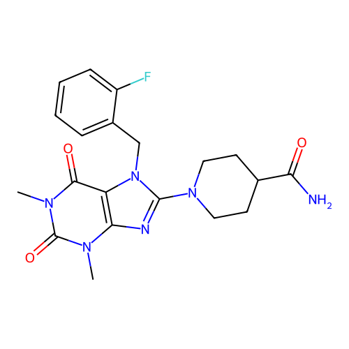 1-(7-(2-fluorobenzyl)-1,3-dimethyl-2,6-dioxo-2,3,6,7-tetrahydro-1H-purin-8-yl)piperidine-4-carboxamide structure