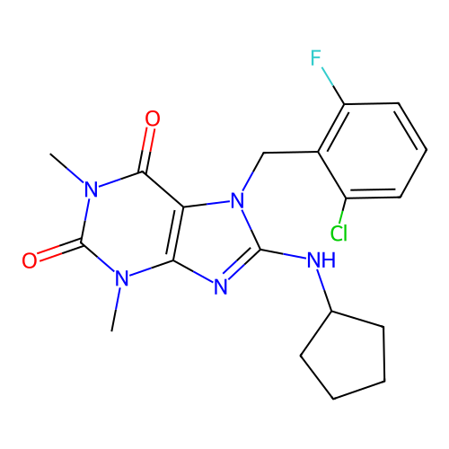 7-(2-chloro-6-fluorobenzyl)-8-(cyclopentylamino)-1,3-dimethyl-1H-purine-2,6(3H,7H)-dione structure