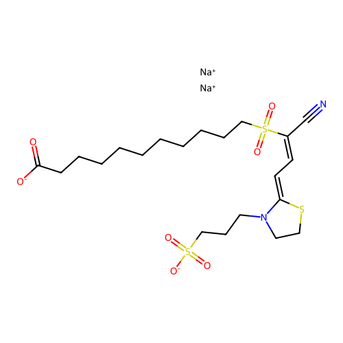 Undecanoic acid, 11-((1-cyano-3-(3-(3-sulfopropyl)-2-thiazolidinylidene)-1-propenyl)sulfonyl)-, disodium salt structure