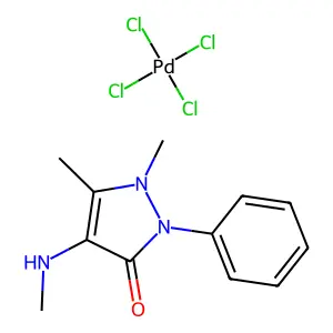1,5-Dimethyl-4-(methylamino)-2-phenylpyrazol-3-one;tetrachloropalladium structure