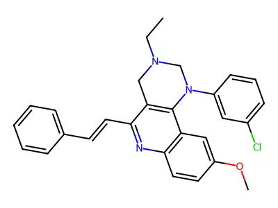 1-(3-chlorophenyl)-3-ethyl-9-methoxy-5-[(E)-2-phenylethenyl] structure