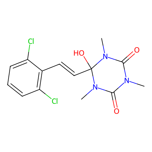 6-[(E)-2-(2,6-dichlorophenyl)ethenyl]-6-hydroxy-1,3,5-trimethyl-1,3,5-triazinane-2,4-dione structure