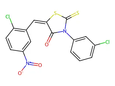 (5E)-5-[(2-chloro-5-nitrophenyl)methylidene]-3-(3-chlorophenyl)-2-sulfanylidene-1,3-thiazolidin-4-one structure