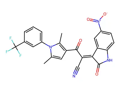 3-{2,5-Dimethyl-1-[3-(trifluoromethyl)phenyl]-1H-pyrrol-3-yl}-2-(5-nitro-2-oxo-1,2-dihydro-3H-indol-3-ylidene)-3-oxopropanenitrile structure