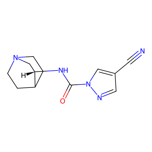 N-[(3R)-1-azabicyclo[2.2.2]octan-3-yl]-4-cyanopyrazole-1-carboxamide structure