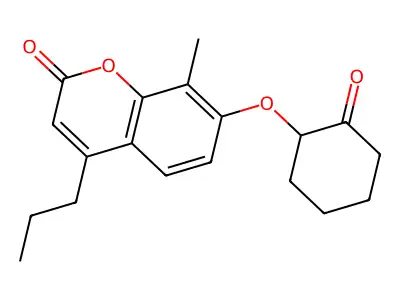 8-methyl-7-[(2-oxocyclohexyl)oxy]-4-propyl-2H-chromen-2-one structure