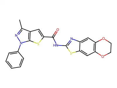 N-(6,7-dihydro-[1,4]dioxino[2,3-f][1,3]benzothiazol-2-yl)-3-methyl-1-phenylthieno[2,3-c]pyrazole-5-carboxamide structure