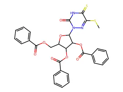 [3,4-dibenzoyloxy-5-(6-methylsulfanyl-3-oxo-5-sulfanylidene-1,2,4-triazin-2-yl)oxolan-2-yl]methyl benzoate structure