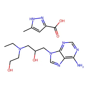 1-(6-aminopurin-9-yl)-3-[ethyl(2-hydroxyethyl)amino]propan-2-ol; 5-methyl-1H-pyrazole-3-carboxylic acid structure