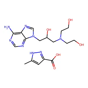 1-(6-aminopurin-9-yl)-3-[bis(2-hydroxyethyl)amino]propan-2-ol; 5-methyl-1H-pyrazole-3-carboxylic acid structure