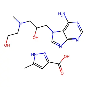1-(6-aminopurin-7-yl)-3-[2-hydroxyethyl(methyl)amino]propan-2-ol; 5-methyl-1H-pyrazole-3-carboxylic acid structure