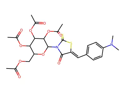 [3,4,5-triacetyloxy-6-[5-[(4-dimethylaminophenyl)methylidene]-4-oxo-2-sulfanylidene-1,3-thiazolidin-3-yl]oxan-2-yl]methyl acetate structure