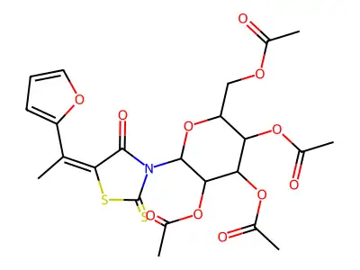 [3,4,5-triacetyloxy-6-[(5E)-5-[1-(furan-2-yl)ethylidene]-4-oxo-2-sulfanylidene-1,3-thiazolidin-3-yl]oxan-2-yl]methyl acetate structure