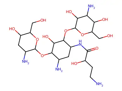 1-N-((S)-4-Amino-2-hydroxybutyryl)-3'-deoxykanamycin C hydrate structure
