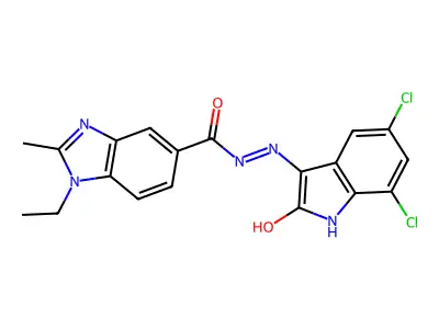 N-[(5,7-Dichloro-2-hydroxy-1H-indol-3-yl)imino]-1-ethyl-2-methylbenzimidazole-5-carboxamide structure