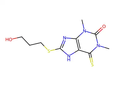 8-(3-hydroxypropylsulfanyl)-1,3-dimethyl-6-sulfanylidene-7H-purin-2-one structure