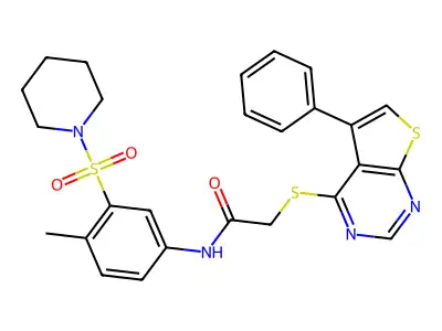 N-(4-methyl-3-piperidin-1-ylsulfonylphenyl)-2-(5-phenylthieno[2,3-d]pyrimidin-4-yl)sulfanylacetamide structure