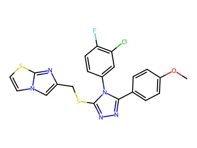 6-[[4-(3-chloro-4-fluorophenyl)-5-(4-methoxyphenyl)-1,2,4-triazol-3-yl]sulfanylmethyl]imidazo[2,1-b][1,3]thiazole structure