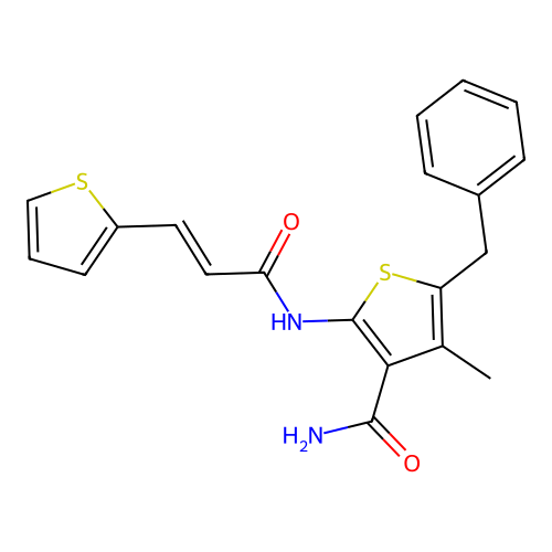5-benzyl-4-methyl-2-[[(E)-3-thiophen-2-ylprop-2-enoyl]amino]thiophene-3-carboxamide structure
