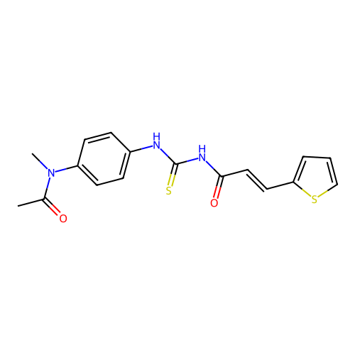 (2E)-N-({4-[acetyl(methyl)amino]phenyl}carbamothioyl)-3-(thiophen-2-yl)prop-2-enamide structure