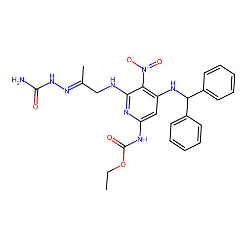 ethyl(6-{[2-(2-carbamoylhydrazinylidene)propyl]amino}-4-[(diphenylmethyl)amino]-5-nitropyridin-2-yl)carbamate structure