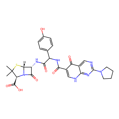 4-Thia-1-azabicyclo(3.2.0)heptane-2-carboxylic acid, 6-(((((1,5-dihydro-5-oxo-2-(1-pyrrolidinyl)pyrido(2,3-d)pyrimidin-6-yl)carbonyl)amino)(4-hydroxyphenyl)acetyl)amino)-3,3-dimethyl-7-oxo-, (2S-(2-alpha,5-alpha,6-beta(S*))), hydrate (1:3) structure