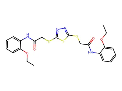 2-[[5-[2-(2-ethoxyanilino)-2-oxoethyl]sulfanyl-1,3,4-thiadiazol-2-yl]sulfanyl]-N-(2-ethoxyphenyl)acetamide structure