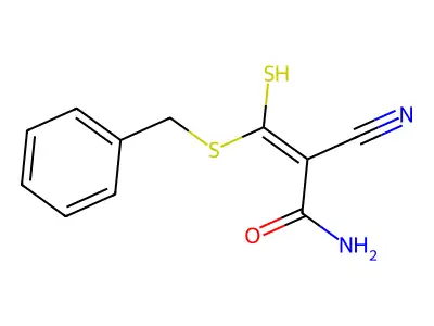 (E)-3-benzylsulfanyl-2-cyano-3-sulfanylprop-2-enamide structure