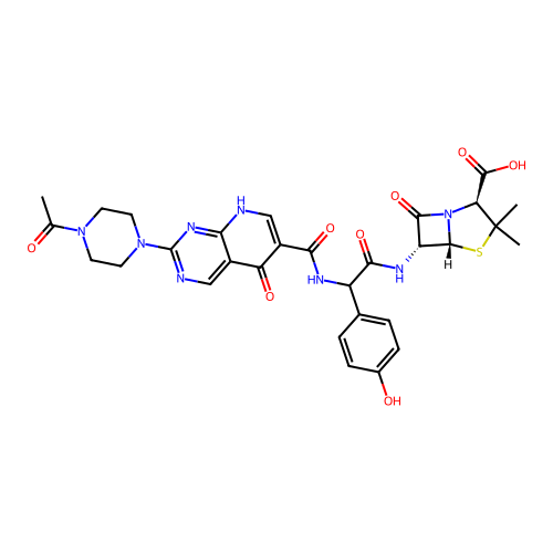 4-Thia-1-azabicyclo(3.2.0)heptane-2-carboxylic acid, 6-(((((2-(4-acetyl-1-piperazinyl)-1,5-dihydro-5-oxopyrido(2,3-d)pyrimidin-6-yl)carbonyl)amino)(4-hydroxyphenyl)acetyl)amino)-3,3-dimethyl-7-oxo-, (2S-(2-alpha,5-alpha,6-beta(S*))), hydrate (1:4) structure