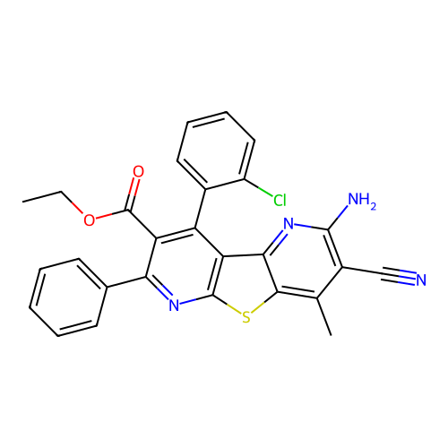 ethyl 2-amino-9-(2-chlorophenyl)-3-cyano-4-methyl-7-phenylthieno[2,3-b:4,5-b']dipyridine-8-carboxylate structure