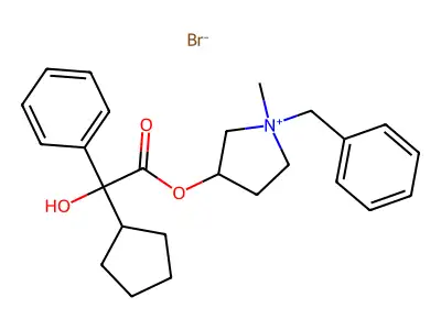 Pyrrolidinium, 1-benzyl-3-hydroxy-1-methyl-, bromide, alpha-cyclopentylmandelate structure
