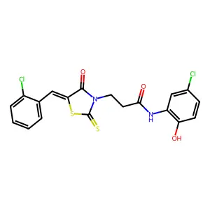 3-[5-(2-chlorobenzylidene)-4-oxo-2-thioxo-1,3-thiazolidin-3-yl]-N-(5-chloro-2-hydroxyphenyl)propanamide structure
