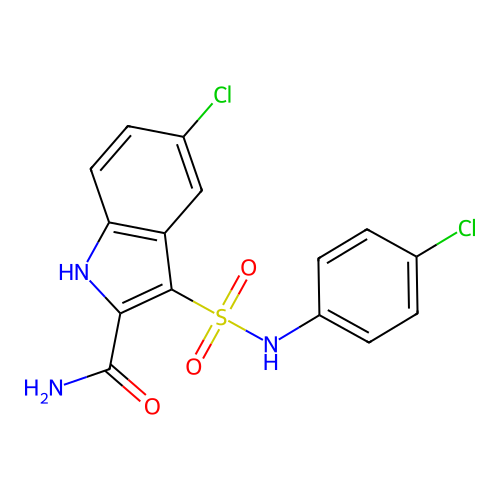 5-chloro-3-[(4-chlorophenyl)sulfamoyl]-1H-indole-2-carboxamide structure
